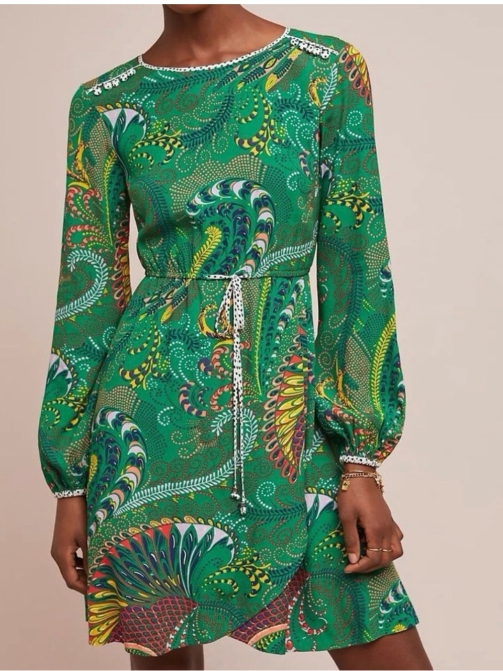 Anthropologie Maeve Green Paisley-Print Long-Sleeve Tie-Waist Dress